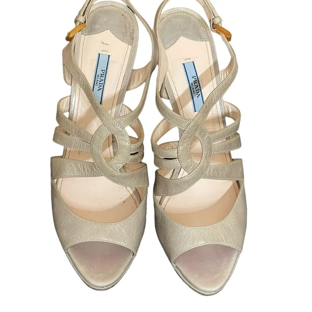 PRADA Women's Heels Calzatore Donna Grey‎ Leather Slingback Sandals size 41(11)